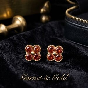 Garnet Red Flower Cluster Stud Earrings in Gold Tone